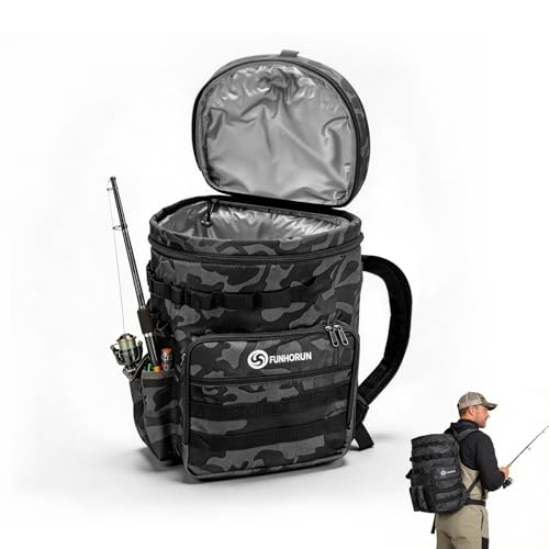 FUNHORUN Fishing Bucket Organizer for 5 Gallon Bucket, Fishing Tackle Bag with Backpack Straps, Detachable Lid & Multi-Pockets for Storage, Full Water-Resistant (Bucket, Seat & Tools Not Included)