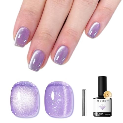 Image of modelones Cat Eye Gel Nail Polish,Glitter Purple Gel Polish with Magnet Magentic Cateye Gel Polish Soak Off Led Reflective Gel Top Coat Manicure Salon DIY Gifts