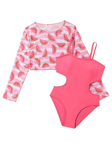 Image of Girl's Watermelon Print Long Sleeve Cover Up & Cami One Piece Swimwear Bathing Suit 2 Piece Set Pink 12Y