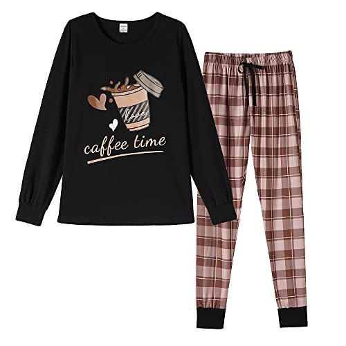 VENTELAN Women Pajamas Cute Christmas Bear Sleepwear Long Sleeve Stripes Loungewear Small Plaid Coffee