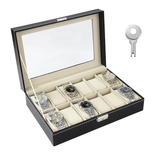 Caja Relojes con 12 Compartimentos, caja de relojes cubierta de vidrio, hecha de terciopelo, adecuada para almacenar relojes, joyas, etc,el mejor regalo para hombres y mujeres