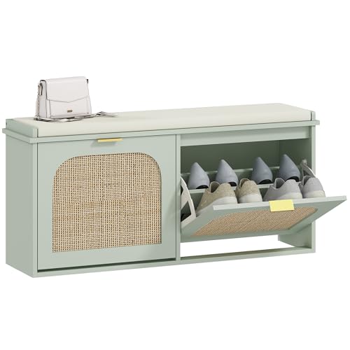 HOMCOM Banc Chaussures entrée, Banc de Rangement étroit, Assise rembourrée, Porte en rotin, 2 tiroirs rabattables et étagères réglables, Style bohème,...