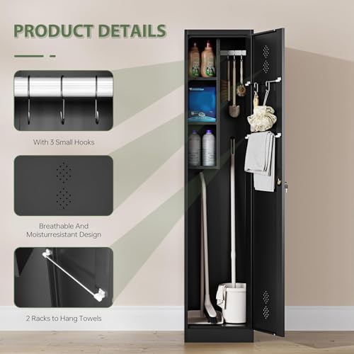 Letaya Broom Closet Storage Cabinet,Metal Cleaning Supply Tool Cabinet,Utility Cabinets for Brooms & Mops Black Garage Organization Cabinet for Laundry Room, Bathroom - Image 7