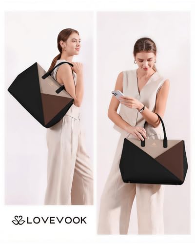 Image of LOVEVOOK Laptop Work Tote Bag for Women with Large Cup Holder, 16 Inch | Computer Bags Business Office Briefcase Handbag, Teacher Tote Bag, Double Laptop Protection, PU Leather, Large Capacity