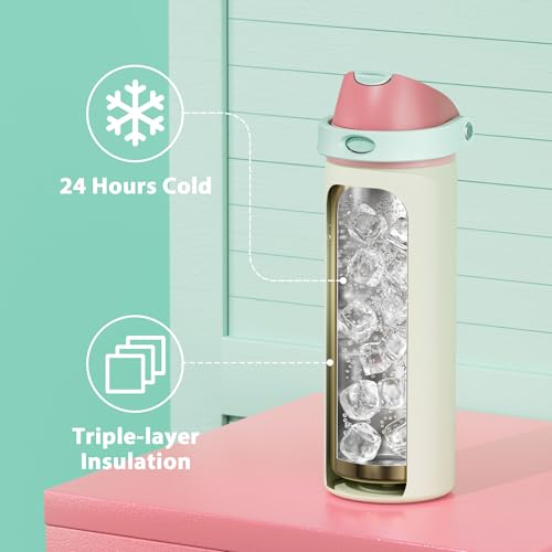 Image of 24 oz Insulated Water Bottle with Straw: Meoky Stainless Steel Metal Water Bottle with 2-in-1 Lid - Leak Proof, Cold for 24 Hours, Fits in Car Cup Holder, BPA-Free for Travel Sports Gym, Cream