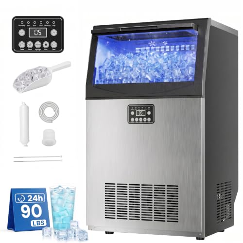 Uthfy Commercial Ice Maker 90lbs/24H, Stainless Steel Under Counter Ice Machine, 36 Ice Cubes in 14 Mins, 40lbs Storage, Self-Clean &amp; Water Filter, Freestanding Ice Machine for Home Bar,Cafe