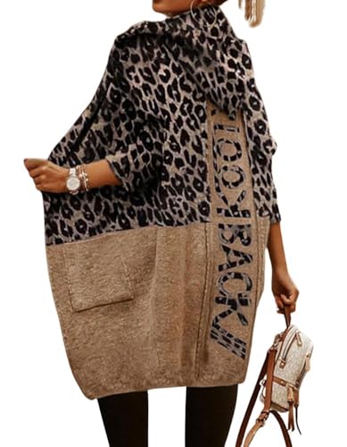 chouyatou Women's Color Block Leopard Print Open Front Hooded Long Knit Cardigan Sweaters with Pockets