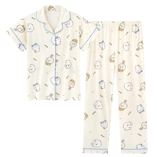 Cartoon Pajamas Set Petite Women Girls Short Sleeve Shirt and Pants 2 Piece Pj Set Button Down Sleepwear Loungewear
