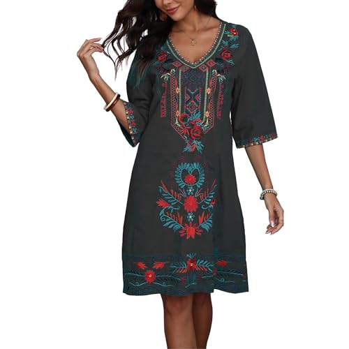 Image of Grosy Women's Embroidered Mexican Fiesta Dress Plus Size Traditional Floral Boho Dresses for Women Peasant Hippie Outfit