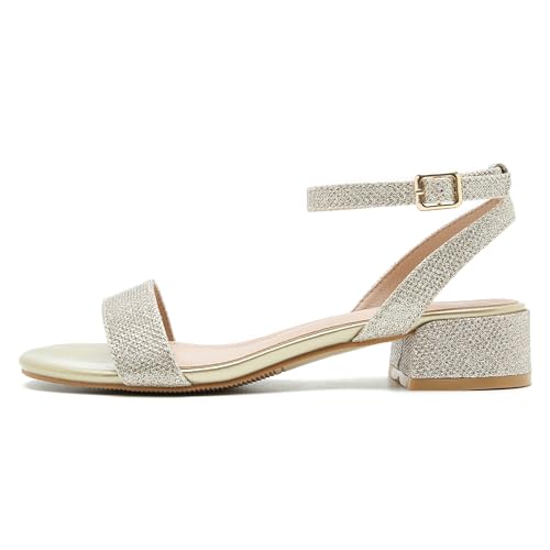 Image of Women's Ankle Strap Sandals, Low Block Heel, Open Toe Summer Dress Shoes with Buckle Closure