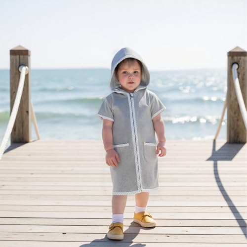 Image of Girls Boys Hooded Terry Coverups One Piece Swimsuits Summer Striped Trim Zip Up Short Sleeve Swim Cover Up Beachwear