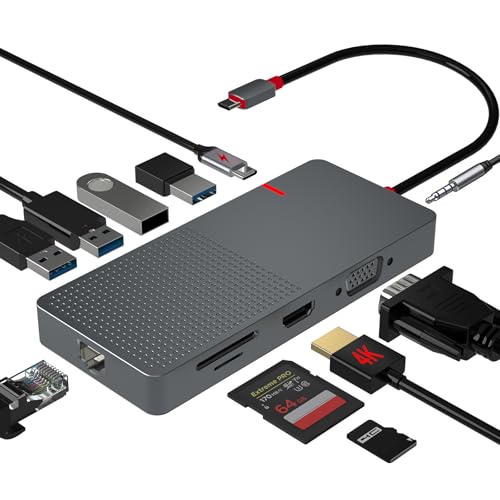 USB C Hub,Laptop Docking Station Dual Monitor,11 IN1 USB C Dongle Multiport Adapter, VGA,100W PD Charging (2USB 3.0/2USB 2.0) RJ45 TF/SD Card Reader for MacBook IPad Pro Dell Hp Grey-11 IN 1