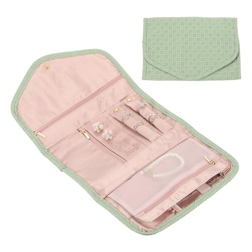uxcell Travel Jewelry Case Organizer, Foldable Jewelry Travel Organizer PU Jewelry Storage Roll Jewelry Case for Women Gift Necklaces Earrings Rings Bracelets, Light Green