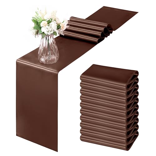 Horbaunal 12 Pack Brown Satin Table Runner 12 x 108 Inch, Smooth Table Runners for Wedding Banquets Birthday Party
