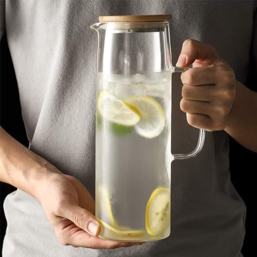 Image of Wringo Premium Glass Water Jug - 1.2 LTR, Transparent, Hot Cold Water Glass Pitcher with Lid Water Jug, Iced Tea, Milk and Juice Beverage Carafe, Lemon Jug 1200ML (WQ-01)