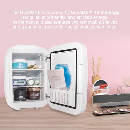 Image of Cooluli Glow 4L Mini Skincare Fridge with Mirror & LED Light - Small Refrigerator for Skin Care, Beauty, Makeup, Cosmetics, Food & Drinks, White