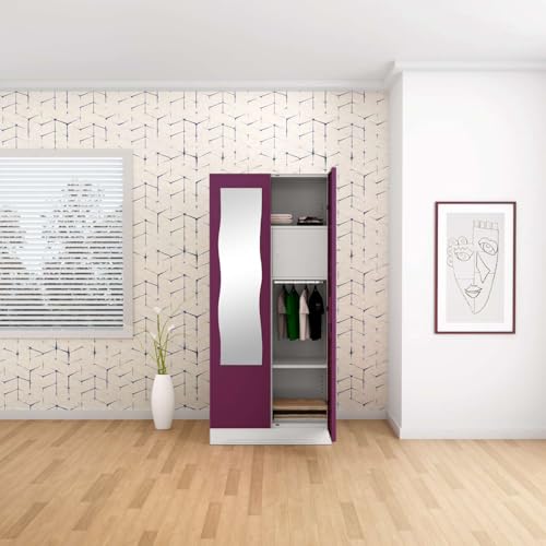 Image of Interio by Godrej Almirah Slimline 2-Door Steel Almirah, Cupboard for Clothes (Purple), 1-Year Warranty, 1 Locker, 4 Shelves and Curvilinear Mirror