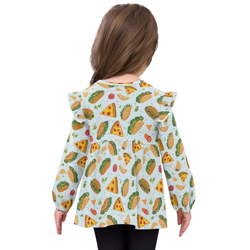 Hamburger Pizza Blue Girls Shirts Cotton Long Sleeve Ruffle Toddler Tee Tops4