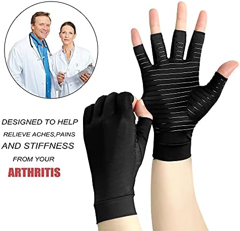 Hand Compression Gloves with Copper for Arthritis Rheumatoid and Carpal Tunnel Pain Relief- Half Finger Copper Arthritis Gloves for Women and Men (Pair)(Black, M)