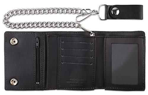 Image of RFID Blocking Men's Tri-fold Vintage Biker Cowhide Leather Steel Chain Wallet,Snap closure, Made In USA,tc315-122,flag /eagle,black