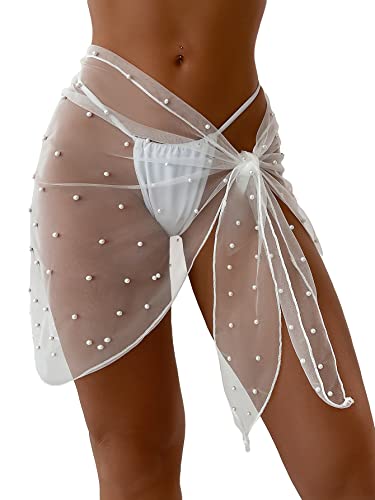GORGLITTER Women's Faux Pearl Cover Up Sarong Sheer Mesh Bride Swimsuit Beach Bathing Suit Wrap Skirt