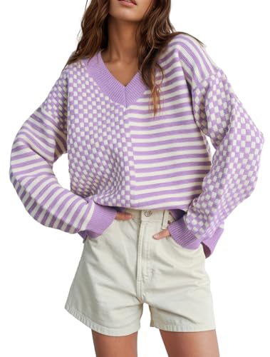 Image of UNCLECAT Womens Striped Checkered Sweater V Neck Fall Trendy Pullover Tops