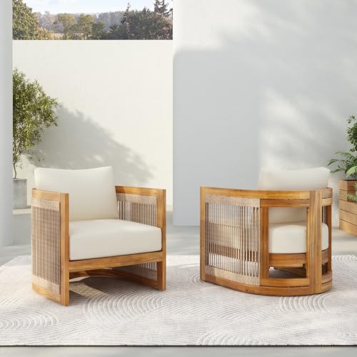 Christopher Knight Home Dora Set of 2 Patio Club Chair with Cushions Acacia Wood Lounge Chair Outdoor Woven Accents Curved Design Side Chair for Balcony Backyard Garden Poolside Beige + Teak