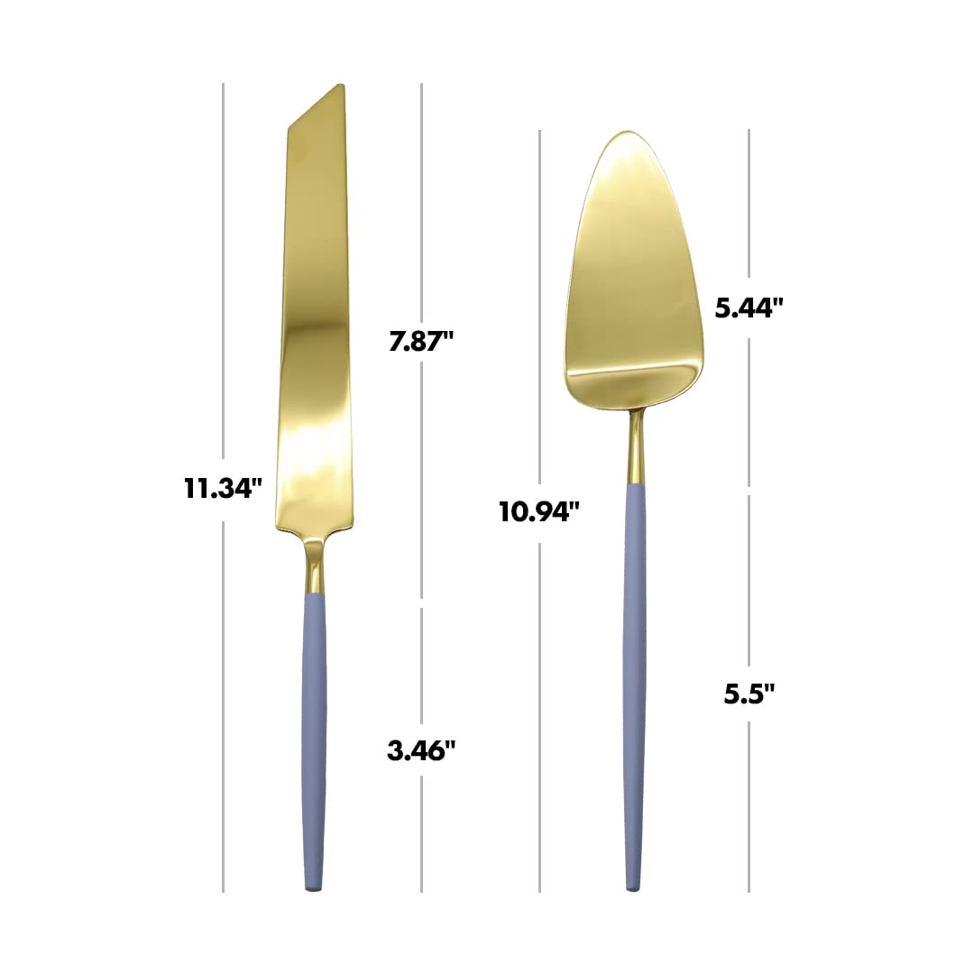 Koyal Wholesale Moderno juego de cuchillos y servidor para tartas de boda, cortador de pastel dorado y servidor de 2 piezas con mango azul polvoriento