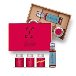 STAY SPICED ! Spice it Geschenkbox | Chili Gewürze Set & Chili Sauce | 3 Chili Gewürze und 1 Sauce in Gewürzbox | Gewürze Geschenkset | Gewürzset | Gewürzbox