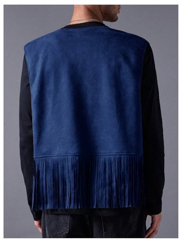 Image of OYOANGLE Men's Casual Suede Top Shirt Boho Fringe Trim Open Front Sleeveless Vest Jacket Waistcoat