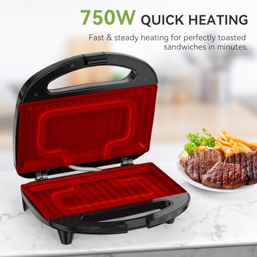 Snailar Dual Slice Sandwich Toaster with Grilling Plates, Non-Stick, PFOA-Free, Cool Touch Handle, 750W, Elegant Black Finish - Image 3