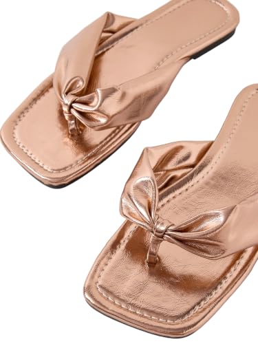 Image of GORGLITTER Women's Gold Flat Sandals Dressy Square Toe Vacation Flip Flops | Gold Sandals, Square Toe Flip Flops, Metallic Leather Sandals, Summer Dressy Fashion, Slides Flat
