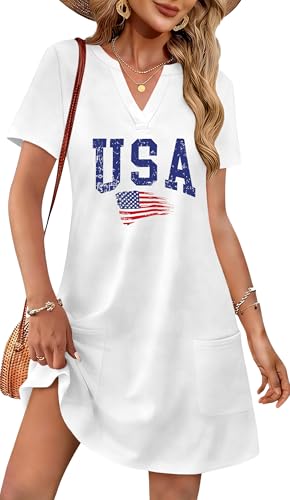 Image of Ithalt 4th of July Dresses for Women Patriotic Dress Red White and Blue Outfits American Flag V Neck Sundress with Pockets