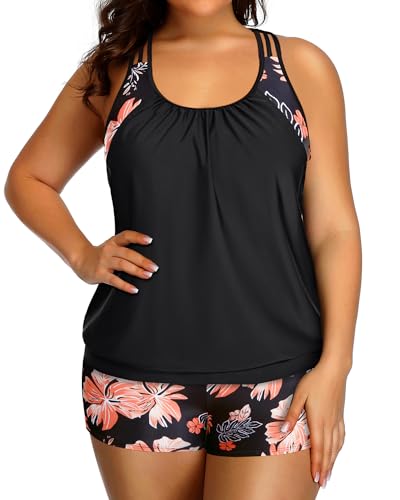 Image of Womens Plus Size Tankini Swimsuit Two Piece Tummy Control Bathing Suit | Blouson Racerback Tankini Top with Shorts, Double Up Design, Removable Pad