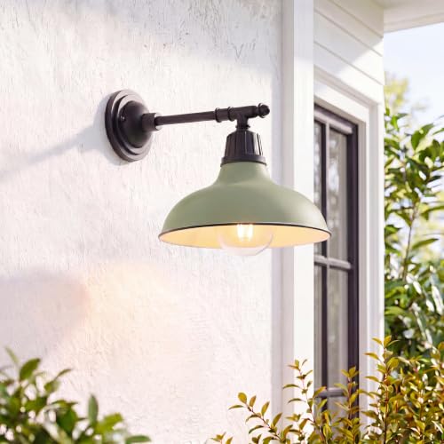 Image of JONATHAN Y Wallace 1-Light Outdoor 12.25 inch Wall Sconce, Olive Green /Black | Industrial Farmhouse Metal Gooseneck Barn Light, Victorian Arm, Wet Rated, Bowl Shade, LED Bulb Included, Vintage Porch Lamp
