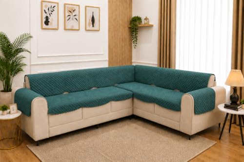 Image of 7 Seater L-Shape Sofa Cover with Arm Covers, Quilted Texture, Sectional Couch Protector for Living Room-Pack of 15 (Teal)