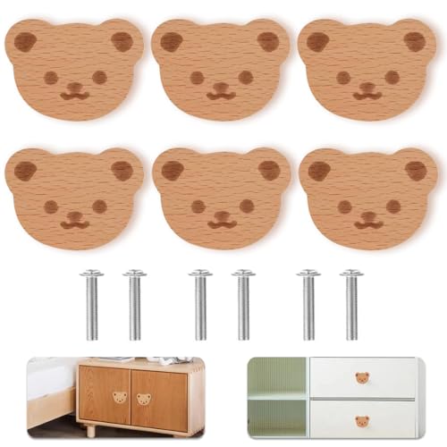 HuaMuDM Bären Holzgriff,6 Stück Tier Holz Schubladengriff,Holzknäufe mit Tiermotiven,Dekorative Holz Kommodenknöpfe mit Schrauben,Knauf für Schrank,Holzknöpfe Kommode