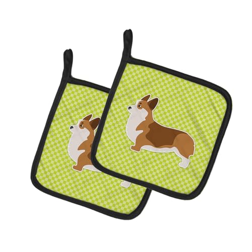 Caroline's Treasures BB3820PTHD Corgi Checkerboard Green Pair of Pot Holders Kitchen Heat Resistant Pot Holders Sets Oven Hot Pads for Cooking Baking BBQ, 7 1/2 x 7 1/2