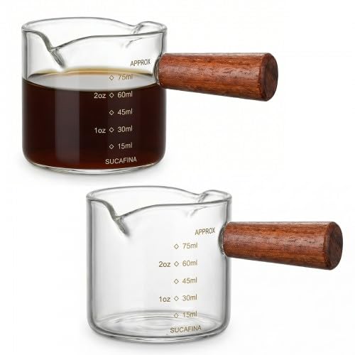 2 Pack Espresso Cups with Wooden Handle, 75ml/2.5oz Glass Measuring Cup with V-Shaped Double Spouts, Heat Resistant Espresso Shot Glass for Barista, Milk, Coffee Accessories