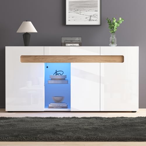PUGSDRLY Buffet Moderne à 3 Portes 140 x 40 x 70 cm,Commande d'éclairage LED, Meuble de Salon avec Commande Via Application, White Meuble de Salon Brillant...