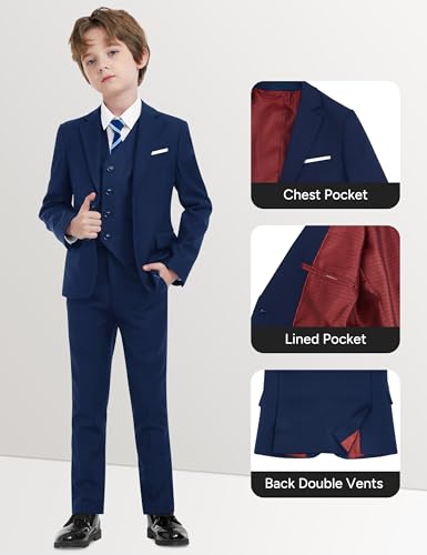 Image of Boys Navy Blue Suit 5 Pieces Slim Fit Kids Formal Tuxedo Suit Set for Wedding Ring Bearer, Easter, First Communion, Confirmation, Graduation Little Boys Size 4