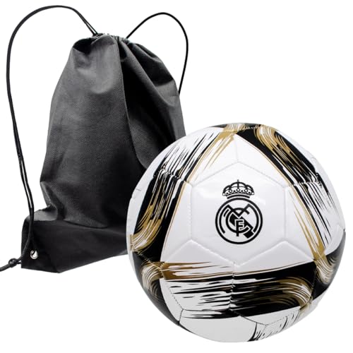 ms móvil shop Balón Real Madrid Diseño Pinceladas Negro y Dorado Nº59 Talla 5 Producto Oficial + Mochila Negra para Llevarlo a la Playa, Piscina, Campo