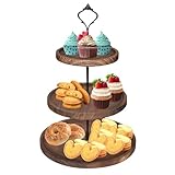 3-Tier Wooden Cupcake Stand, Vintage Round Dessert Tower with Metal Handle, Coffee Brown Tiered Tray for Wedding Birthday Baby Shower Tea Party Home Office Server