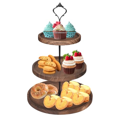 3 Tier Rustic Wooden Cupcake Stand, Round Tiered Dessert Serving Tray by Voxlara - Used condition - CA$20.25