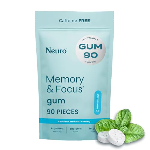 Neuro Memory & Focus Gum (90 Pieces) - Decaf & Sugar Free with American Ginseng, L theanine, Vitamin B12 & Vitamin B6 for Mental Alertness - Brain Supplements for Memory and Focus - Peppermint Flavor