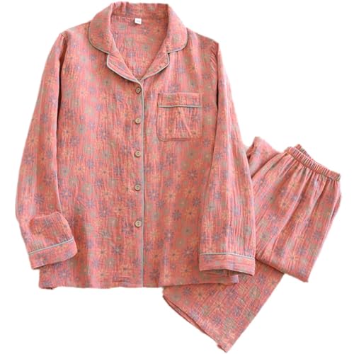 Image of Vintage Leaf Cotton Lapel Loungewear Set, Ginkgo Leaf Button Colorful Floral Pure Pajama, Women's Fashion Sleepwear