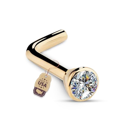 FreshTrends Diamond Nose Ring – 20G 2mm (0.03 ct. tw) Genuine Diamond Nose Stud – 14K Real Gold L Shape Nose Ring – Flush Bezel Set – Made in USA