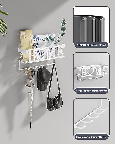 Image of Key Holder Wall Mount - Adhesive Key Holder with 5 Hooks, Key Rack and Mail Organizer, Metal Basket Key Hanger for Entryway, Home, Living Room Decor, 11 inch Lx2.8 inch Wx4.9''H(White)