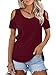 PrinStory Women's Short Sleeve Casual Cold Shoulder Tunic Tops Loose Blouse Shirts Wine Red-XL
