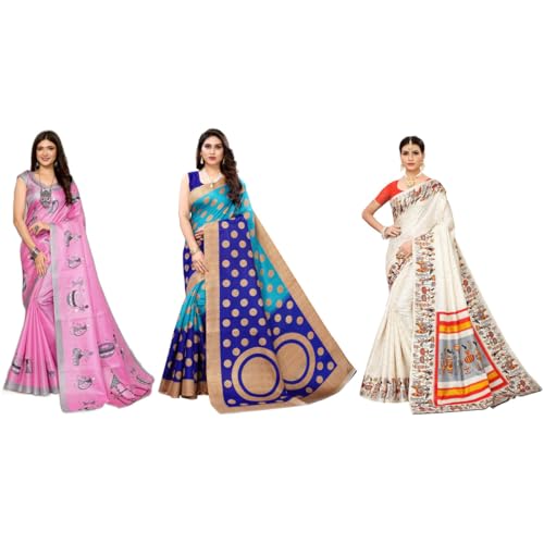 Image of Yashika Women's Sarees Women's Combo Art Silk Printed Saree With Unstitched Blouse Piece |saree for Women | saree combo | New Sari | Saree Pack Of 3